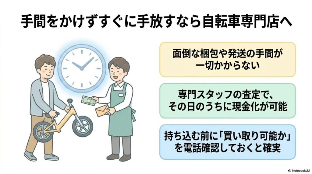 自転車専門店での買い取りのメリットとして、梱包の手間がないことや即日現金化できることを挙げています。