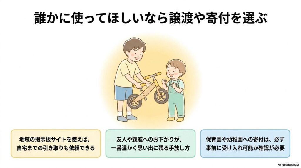 友人への譲渡や地域掲示板の活用、保育園などへの寄付についてのアドバイスをまとめています。
