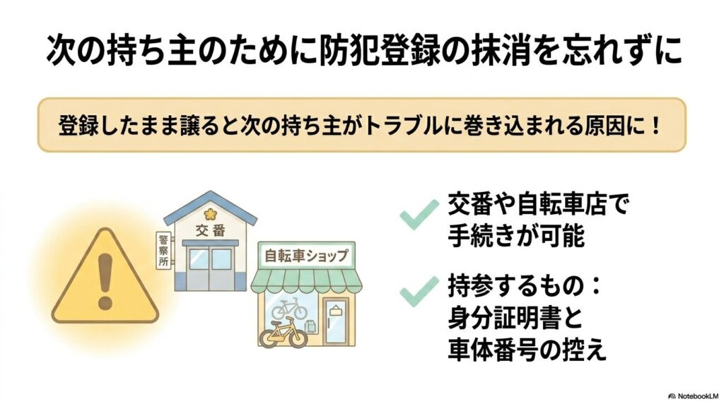 譲渡や売却の際にトラブルを防ぐための、防犯登録抹消手続きの場所と必要な持ち物を説明しています。