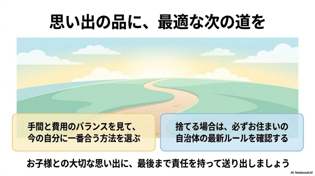 自分の状況に合った方法を選び、自治体のルールに従って最後まで責任を持って手放すことを促しています。