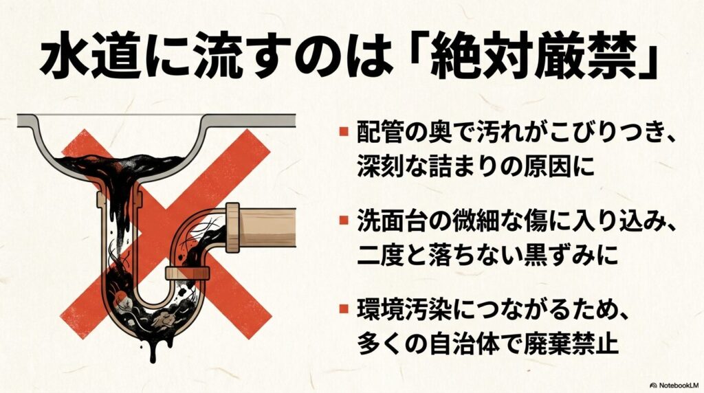 墨汁を排水口に流してはいけない理由として、配管の詰まりや環境汚染、自治体での廃棄禁止を挙げています。