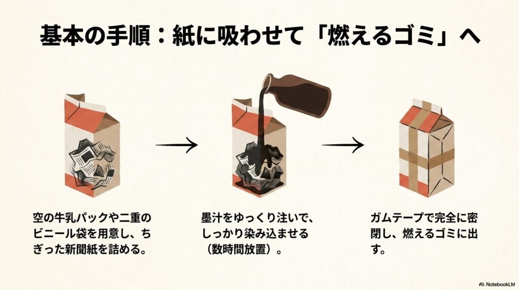 牛乳パックと新聞紙を使って墨汁を吸わせ、密閉して燃えるゴミとして捨てる基本的な手順を説明しています。