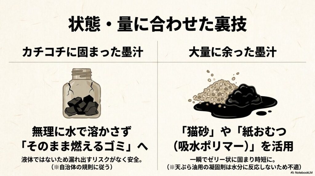 固まった墨はそのまま、大量の墨は猫砂や紙おむつの吸水ポリマーを活用して捨てる裏技を紹介しています。