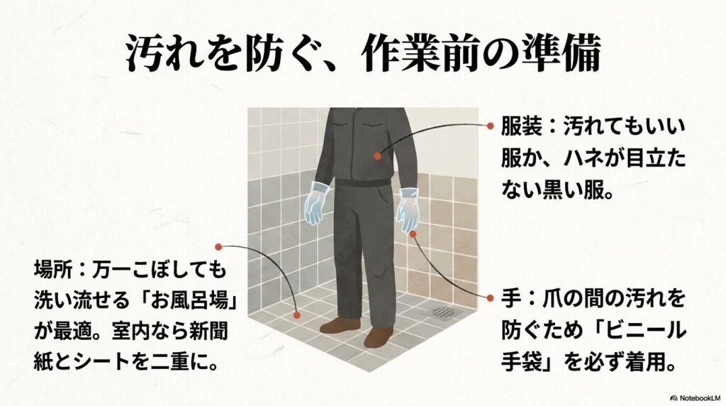 作業中の汚れを防ぐための服装、作業場所としての浴室、ビニール手袋の着用といった事前準備を推奨しています。