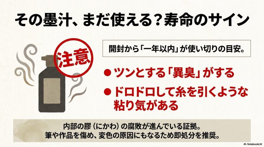 開封後1年を目安に、異臭や粘り気が出た墨汁は腐敗しているため、即処分すべきであることを説明しています。