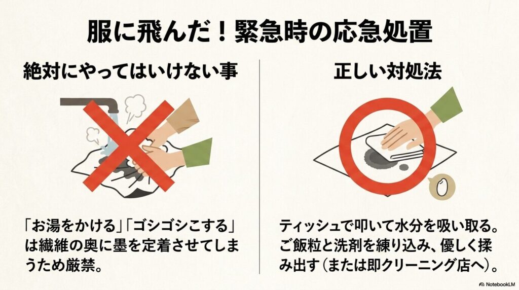 服に墨が飛んだ際、お湯や摩擦は厳禁であり、ティッシュで吸い取ってからご飯粒で揉み出す方法を紹介しています。