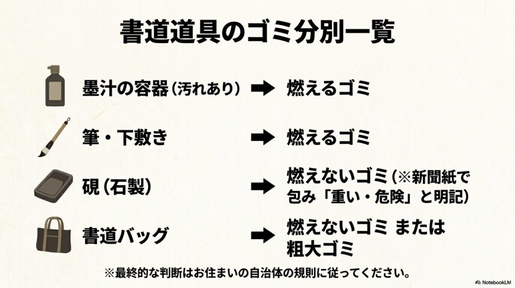 墨汁容器、筆、硯、書道バッグといった書道道具ごとの、一般的なゴミ分別の分類を一覧で示しています。