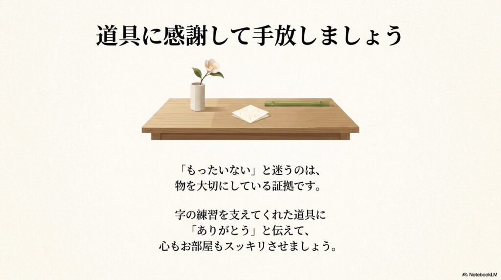 使わなくなった道具に感謝して手放すことで、心と部屋をスッキリさせようというメッセージを伝えています。
