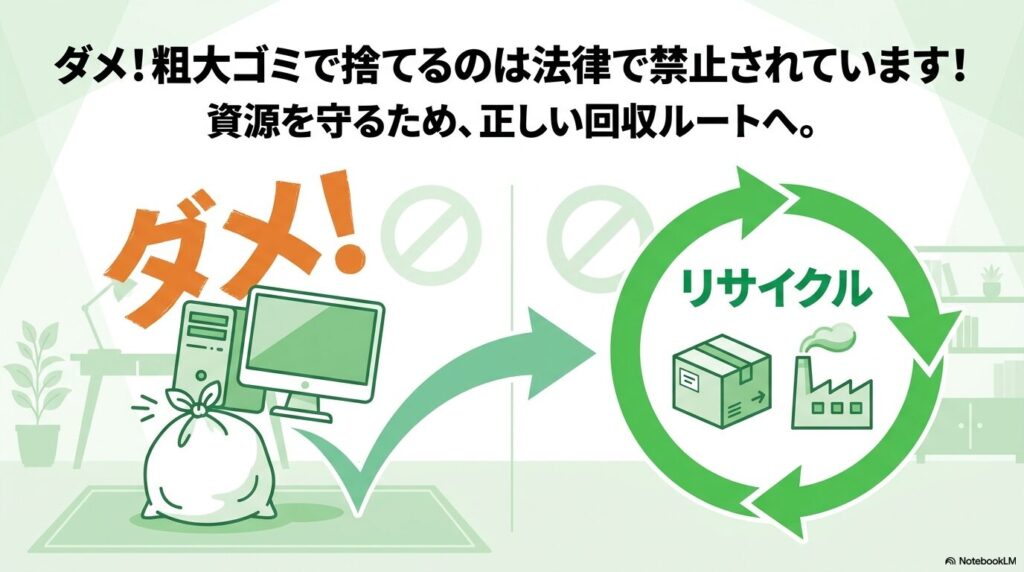 パソコンを粗大ゴミで捨てることは法律で禁止されており、正しいリサイクルルートを利用すべきことを説明しています。