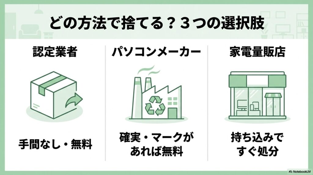 パソコンを捨てる3つの選択肢として、認定業者、パソコンメーカー、家電量販店のそれぞれの特徴を紹介しています。