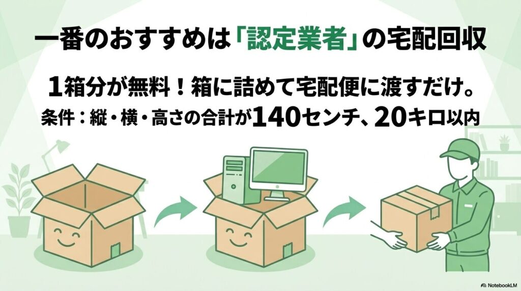 認定業者の宅配回収が最もおすすめで、サイズ制限内であれば1箱無料で利用できることを説明しています。