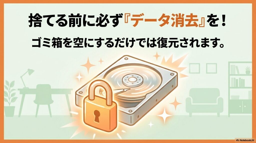 パソコンを捨てる前の重要なステップとして、データ消去の必要性を強調しています。