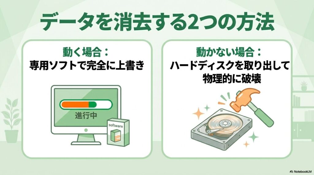 パソコンが動く場合と動かない場合の2通りのデータ消去方法を説明しています。