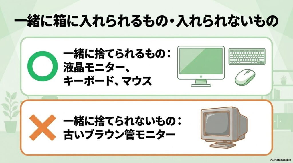 回収ボックスに一緒に入れられる周辺機器と、回収対象外となるブラウン管モニターの区別を説明しています。