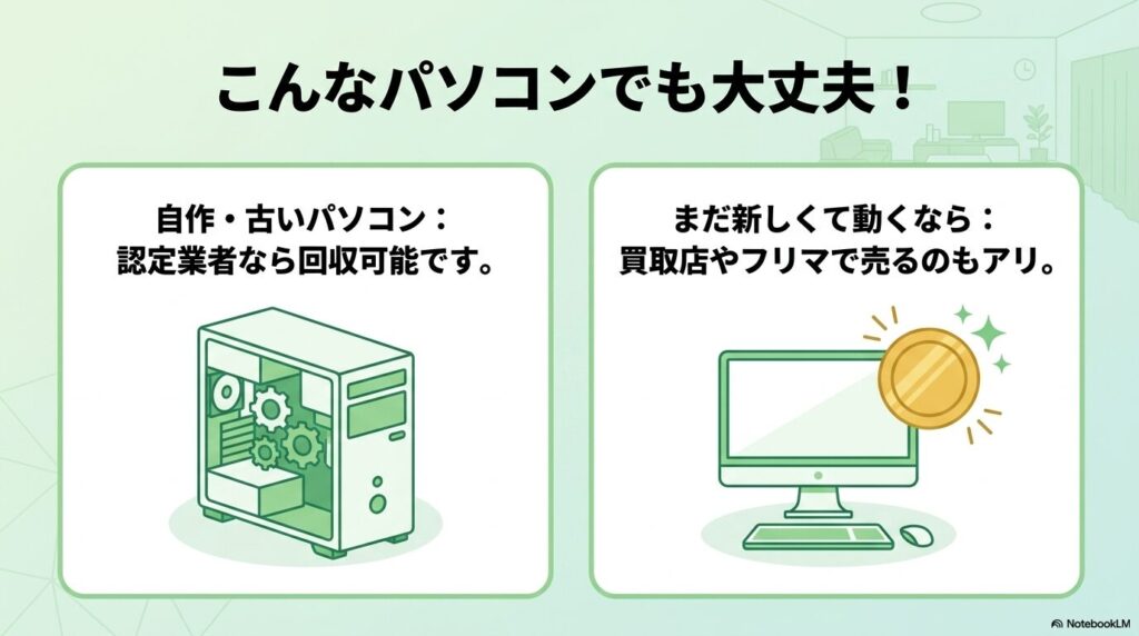 自作や古いパソコンも回収可能であることや、新しい場合は売却も選択肢であることを説明しています。