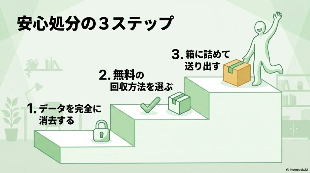 パソコン処分の3つのステップとして、データ消去、回収方法の選択、梱包・発送の手順をまとめています。