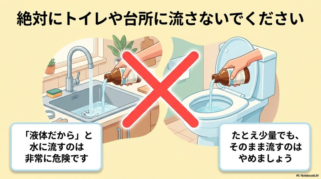 液体薬をトイレや台所に流すことの危険性と、少量でも流してはいけないという警告。