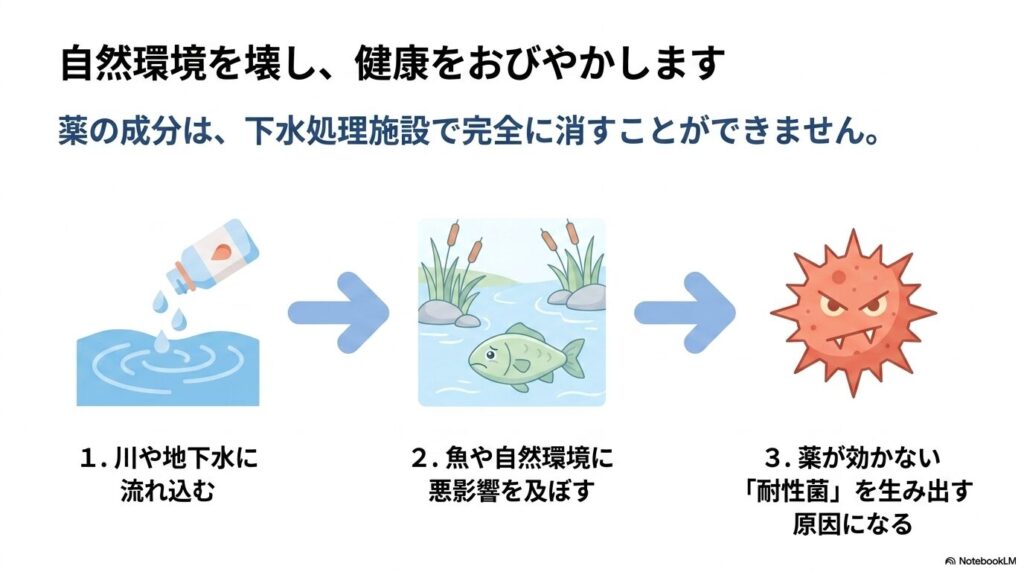 薬を水に流すと環境汚染や耐性菌の原因となり、健康を脅かすプロセスを説明する図。