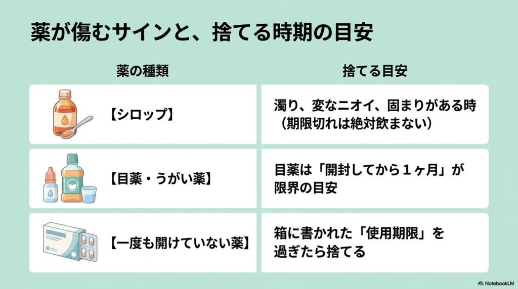 シロップ、目薬、未開封の薬について、状態の変化や使用期限に基づいた処分の目安をまとめた表。