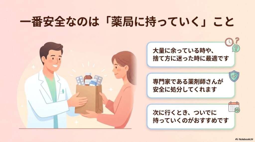 処分の判断に迷う場合や大量にある場合は、薬局の薬剤師に相談することを勧める内容。