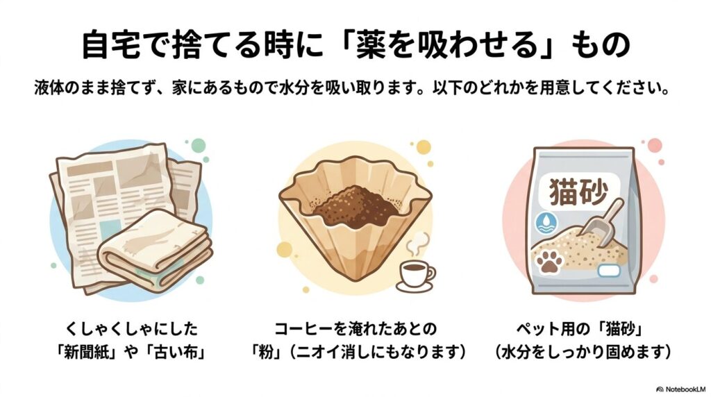 液体薬を自宅で捨てる際、水分を吸わせるために使える新聞紙、コーヒーの粉、猫砂の紹介。