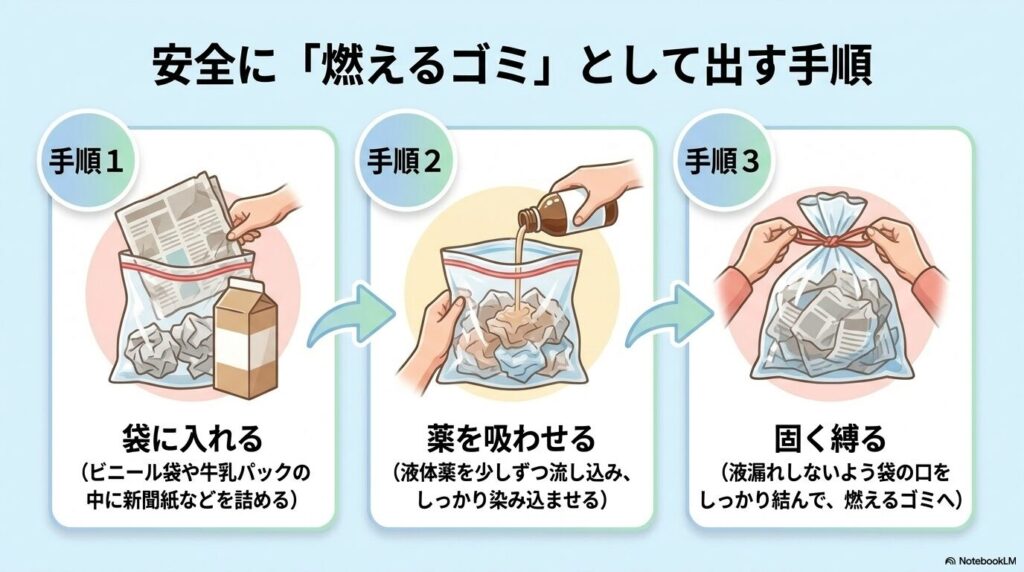 ビニール袋に吸着材を入れ、薬を染み込ませてから口を縛る、燃えるゴミとしての出し方3手順。