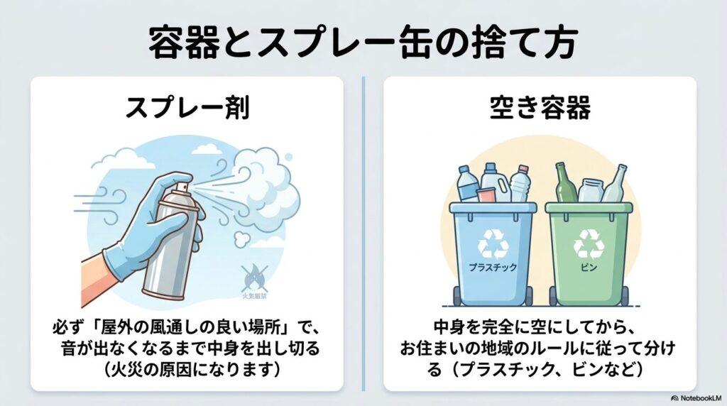 スプレー剤の中身を出し切る際の注意点と、空になった容器の分別方法についての説明。