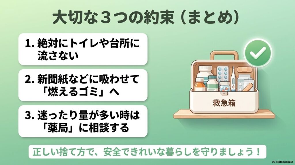 液体薬の処分に関する3つの主要なポイントをまとめた最終確認のスライド。