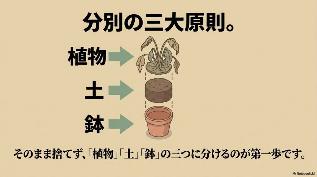 植物、土、鉢の3つに分解して分別することが、処分の第一歩であることを示す図解。