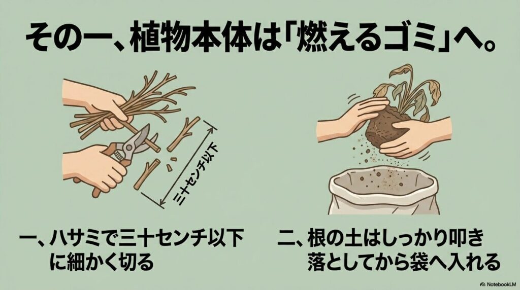 植物本体を燃えるゴミとして出す際、30センチ以下に切り、根の土を落とす手順の解説。