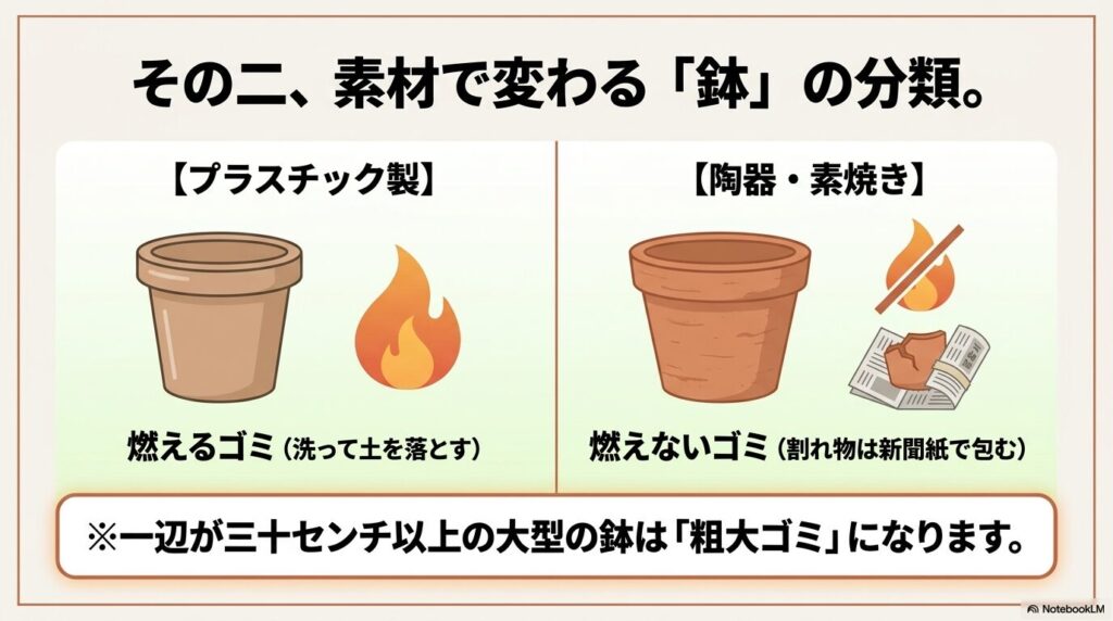 素材による鉢の分別方法と、一辺が30センチ以上の大型鉢は粗大ゴミになるという注意点。