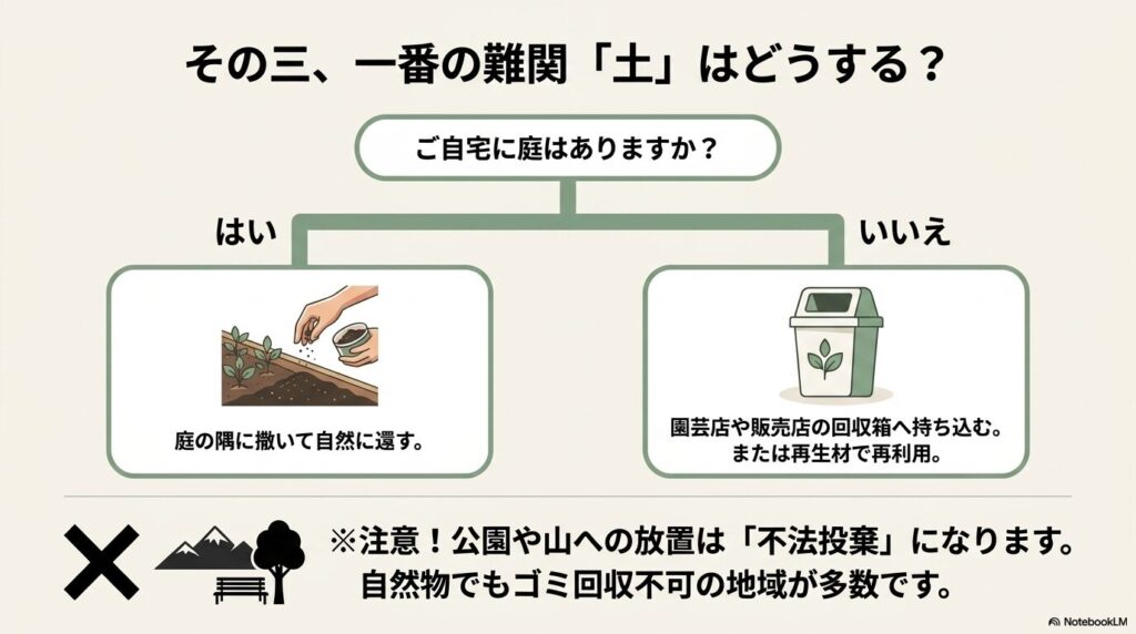 庭の有無による土の処分ルートと、公園や山への投棄が不法投棄になるという警告。