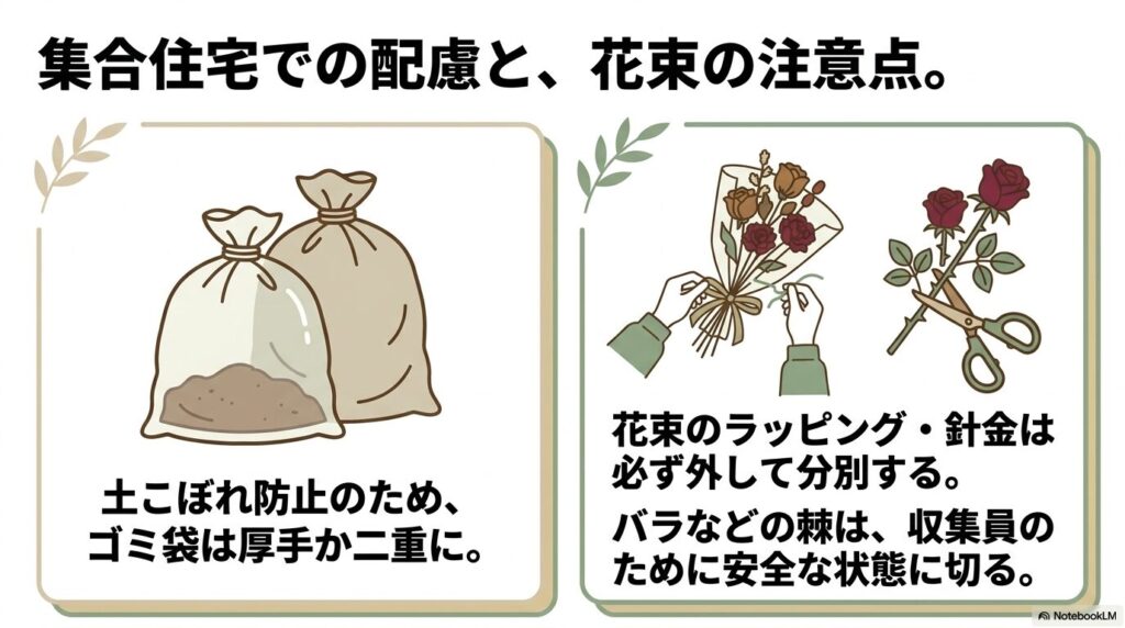 集合住宅での土の捨て方の工夫と、花束のラッピングやバラの棘の処理に関する配慮。
