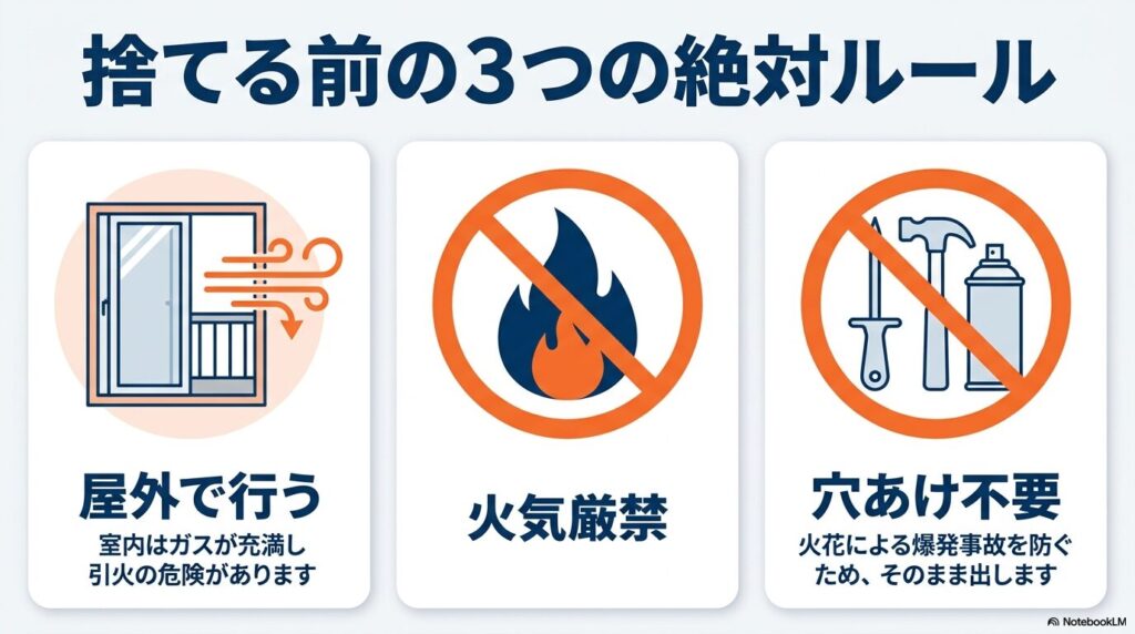 捨てる前の3つの絶対ルールとして、屋外で行う、火気厳禁、穴あけ不要の重要性を説明しています。