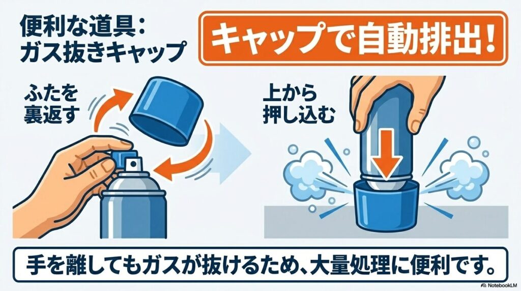 ガス抜きキャップを使用して、手を離した状態で効率的にガスを排出する方法を解説しています。