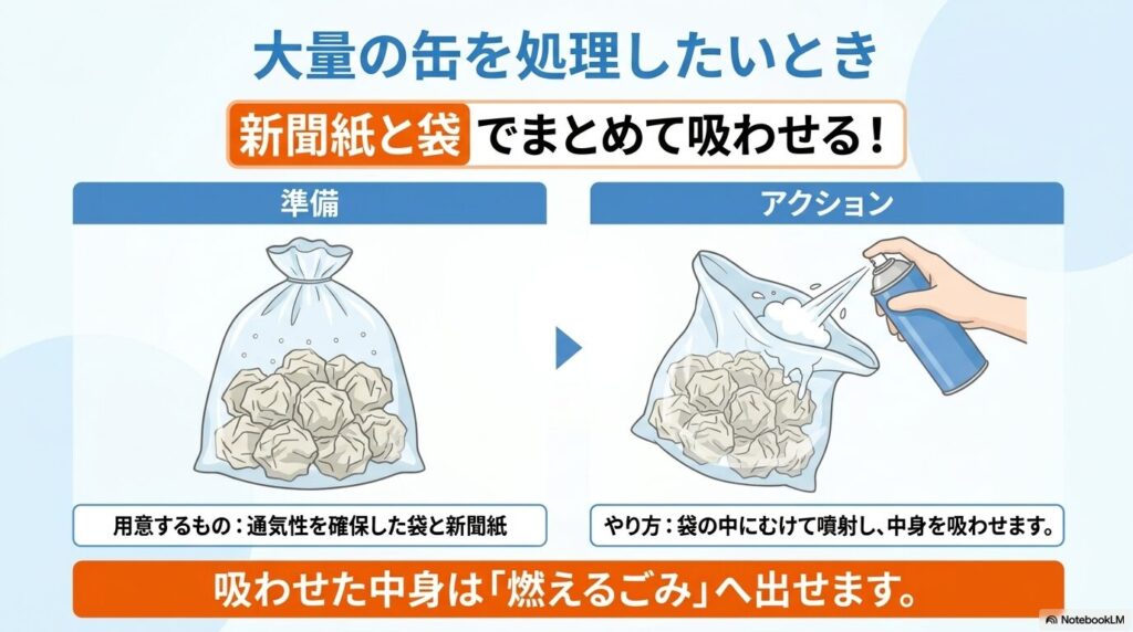 大量のムースを処分する際、新聞紙を入れた袋に吹き付けて「燃えるごみ」として出す方法を説明しています。