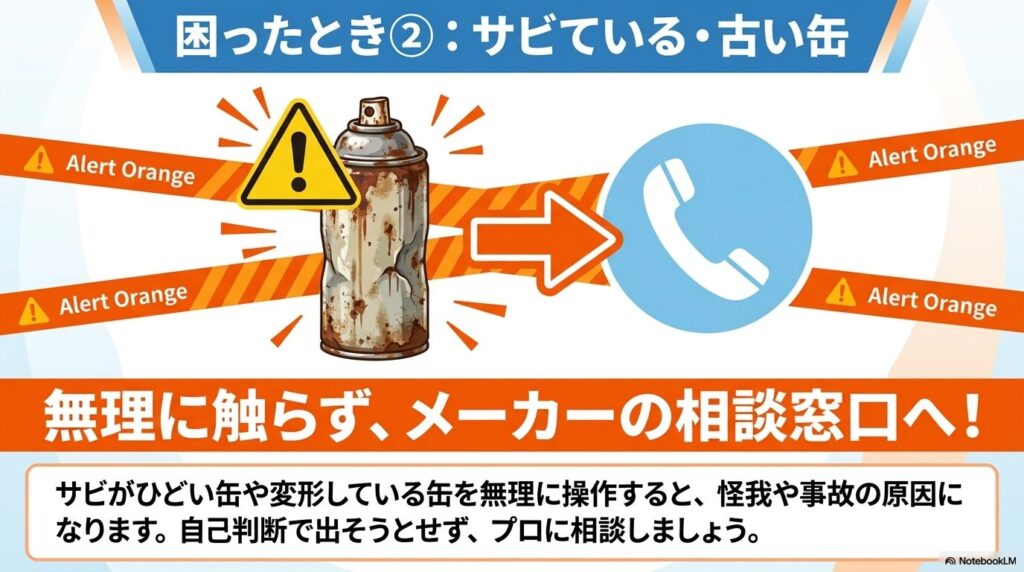 サビたり変形したりした古い缶は、事故防止のため無理に操作せず、メーカーの相談窓口に連絡することを促しています。