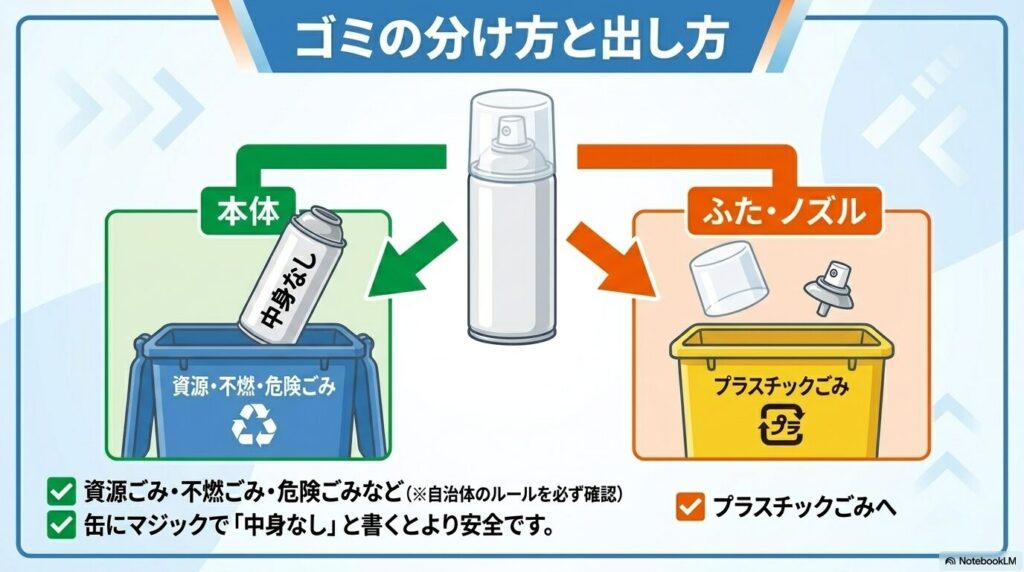缶本体は自治体のルールに従い資源・不燃・危険ごみへ、蓋とノズルはプラスチックごみへと分別する方法を説明しています。
