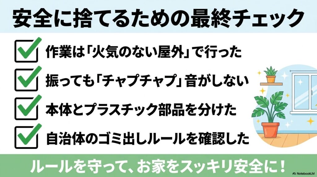 ムース缶を安全に捨てるための最終チェックリストとして、作業場所、残量、分別、自治体ルールの4点を確認しています。