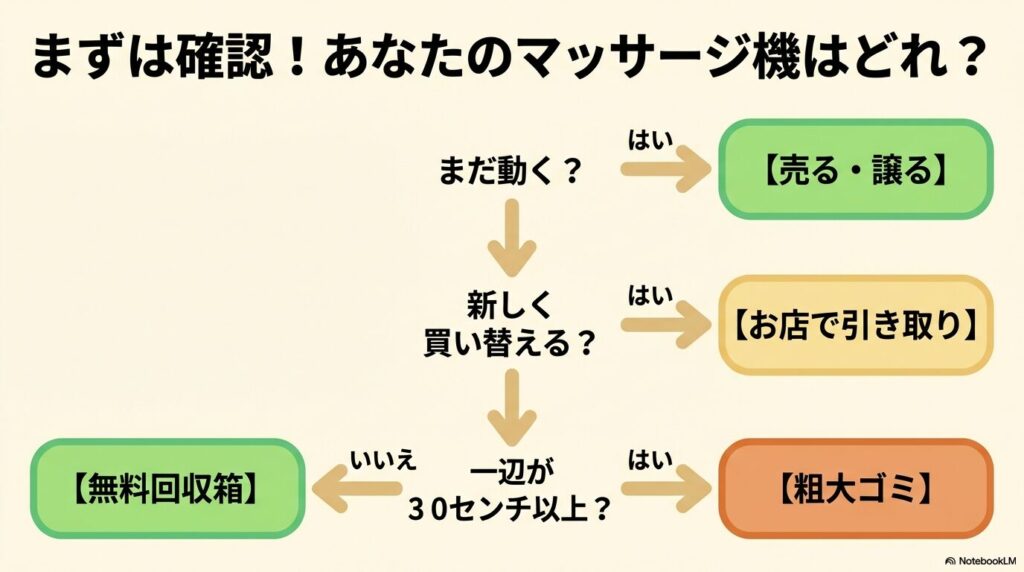 マッサージ機の状態や条件に合わせて、最適な処分方法を選択するためのフローチャートです。