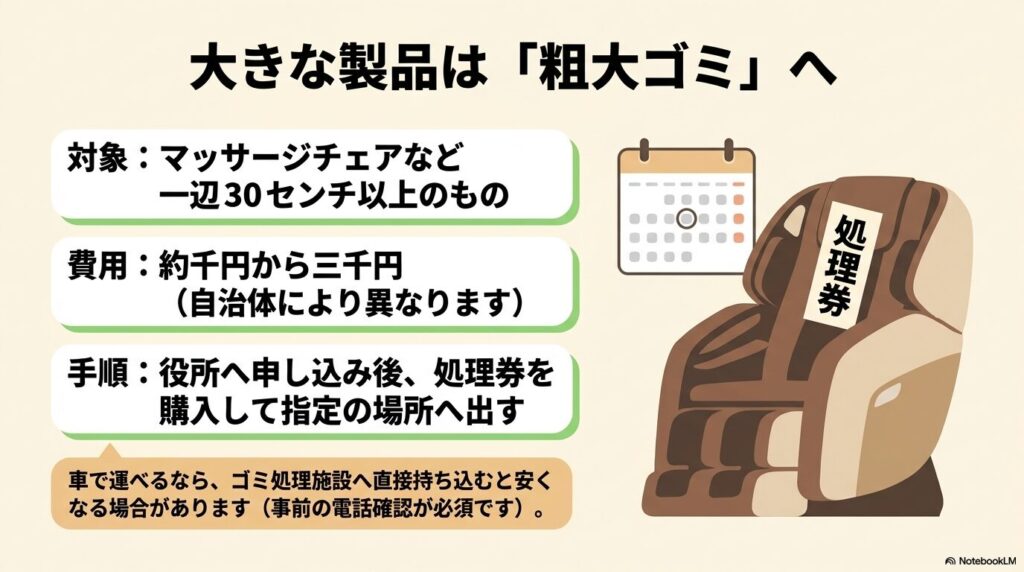 マッサージチェアなど一辺が30cm以上の大きな製品を粗大ゴミとして出す際の手順と費用の説明です。