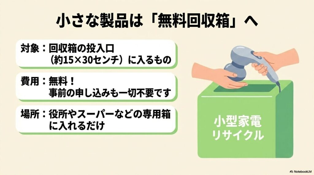 投入口に入るサイズの小さなマッサージ機を、無料回収箱で処分する方法と場所についての説明です。