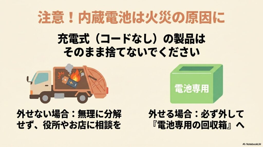 充電式製品の内蔵電池が火災の原因になるリスクと、適切な取り扱い方法についての注意喚起です。