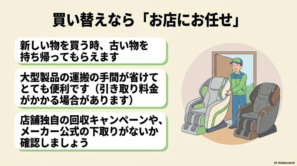 新しい製品への買い替え時に、店舗で古いマッサージ機を引き取ってもらう方法のメリットを説明しています。