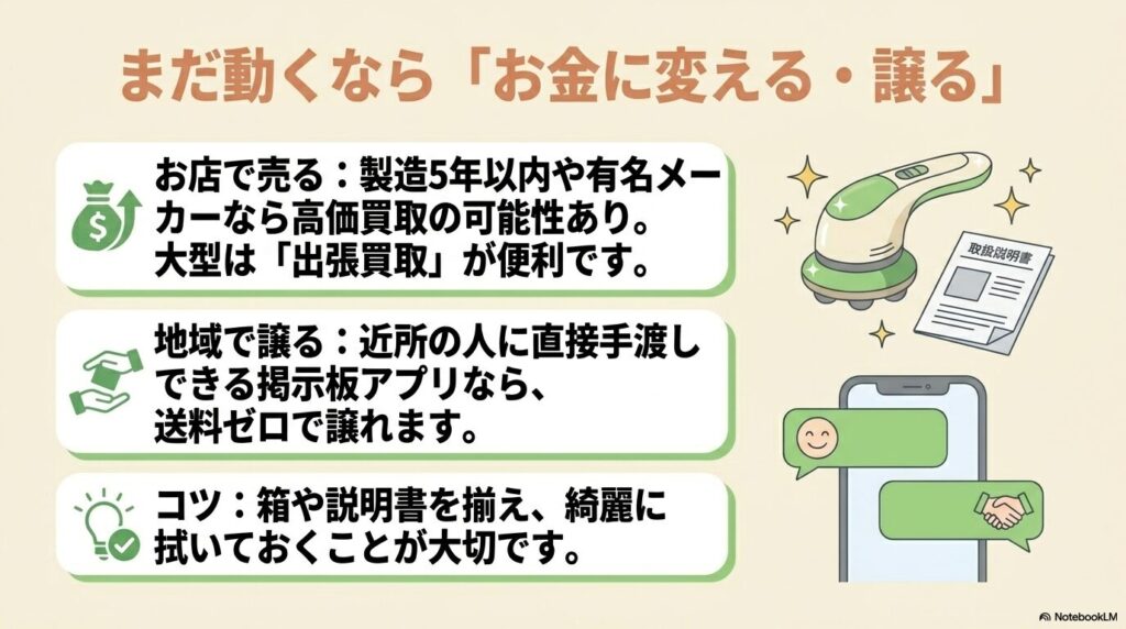 動作するマッサージ機を売却したり、地域で譲ったりして有効活用する方法とコツを紹介しています。