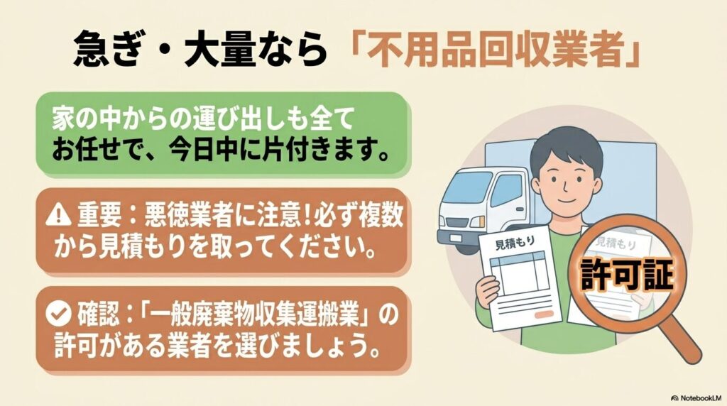 急ぎや大量の処分に便利な不用品回収業者の利用方法と、信頼できる業者を選ぶための注意点です。