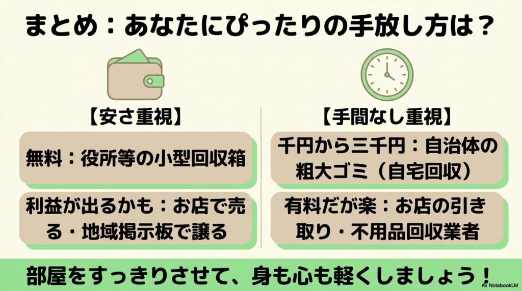 安さ重視と手間なし重視の2つの観点から、マッサージ機の最適な処分方法をまとめた比較表です。