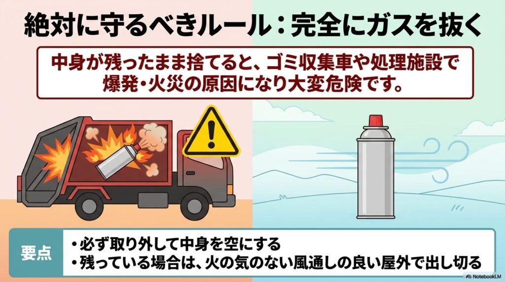事故を防ぐため、ガスストーブを捨てる前に必ずガスを完全に抜くという最重要ルールを説明するスライド。