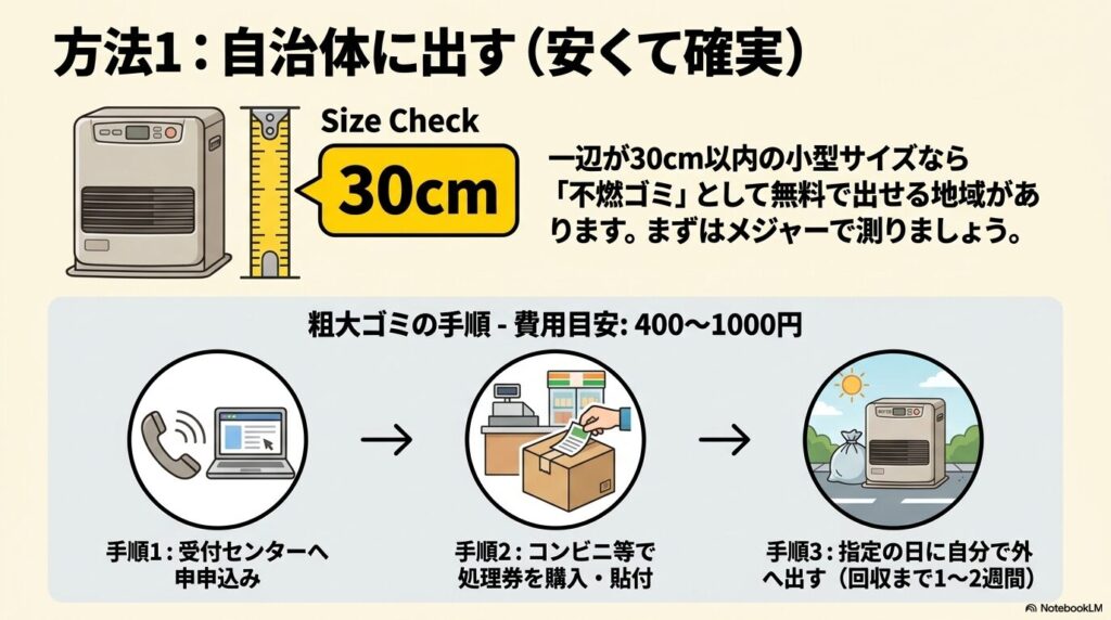 自治体で処分する方法として、サイズ確認の重要性と、粗大ゴミとしての具体的な手順や費用を解説するスライド。