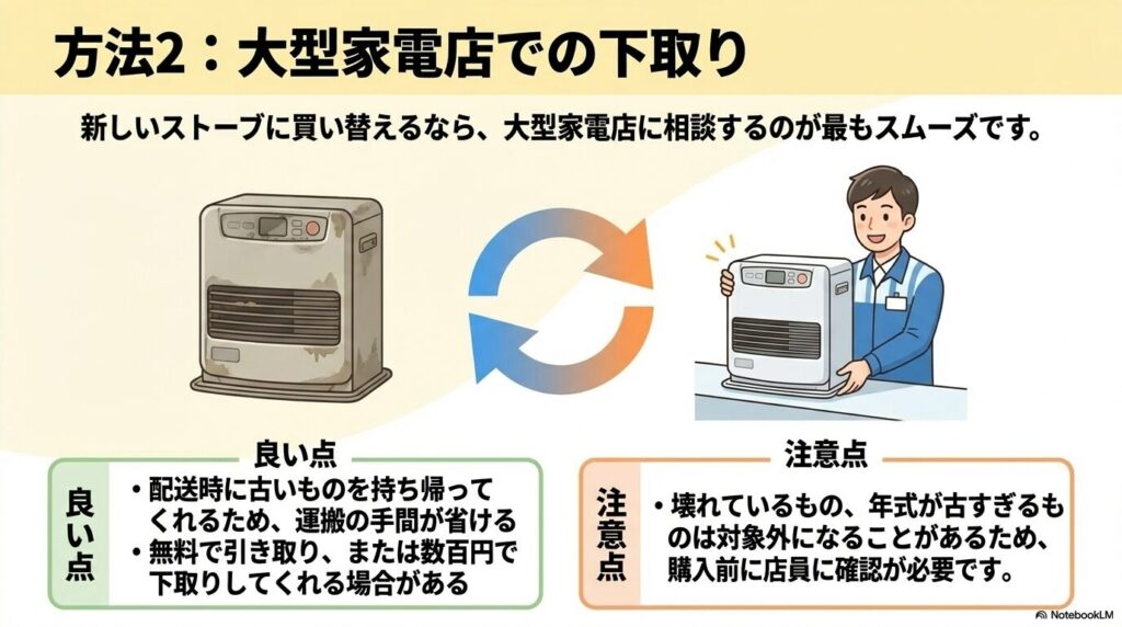 買い替え時に便利な家電店での下取りについて、メリットや注意すべき点を説明するスライド。